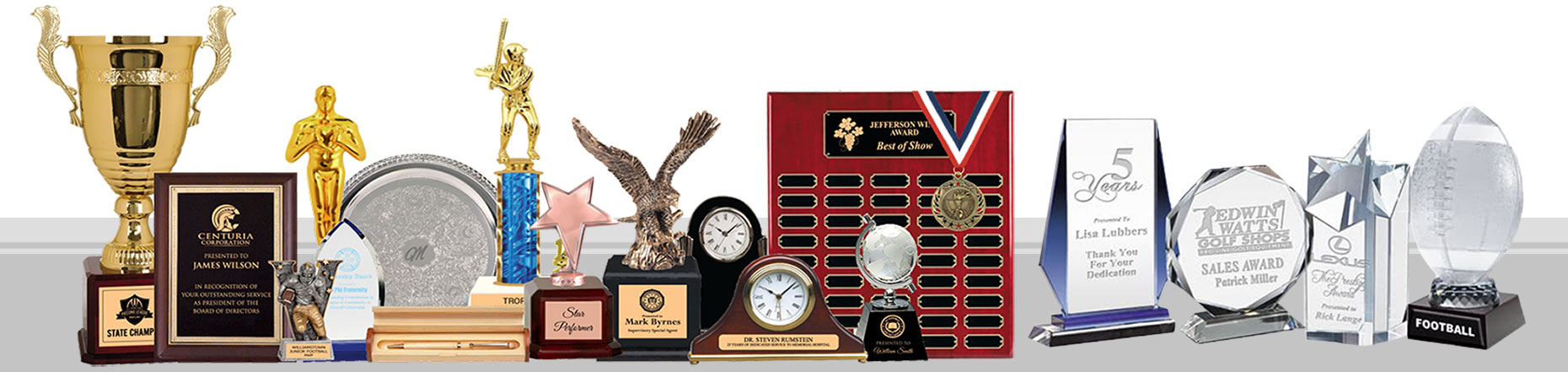 collage of different awards, trophies and plaques in different sizes and colors. Cup trophies, sports trophies, perpetual plaque, clocks, eagle awards, star awards, crystal awards and glass awards, and medals.