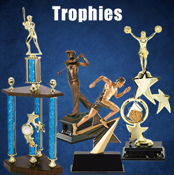 Many different custom trophies for winning sports teams and athletes